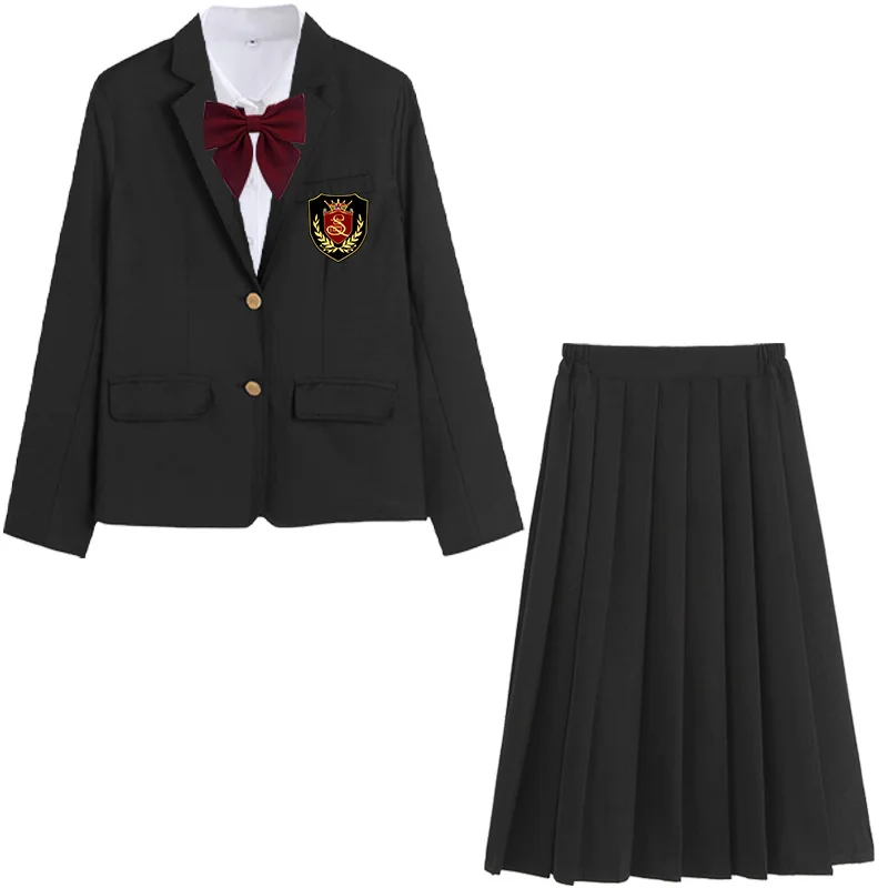 5 Piece Set DK JK Jacket Pleated Skirt Badge Japanese Korean Blazer Student Black Long Sleeve Suit Coat Women Men School Uniform