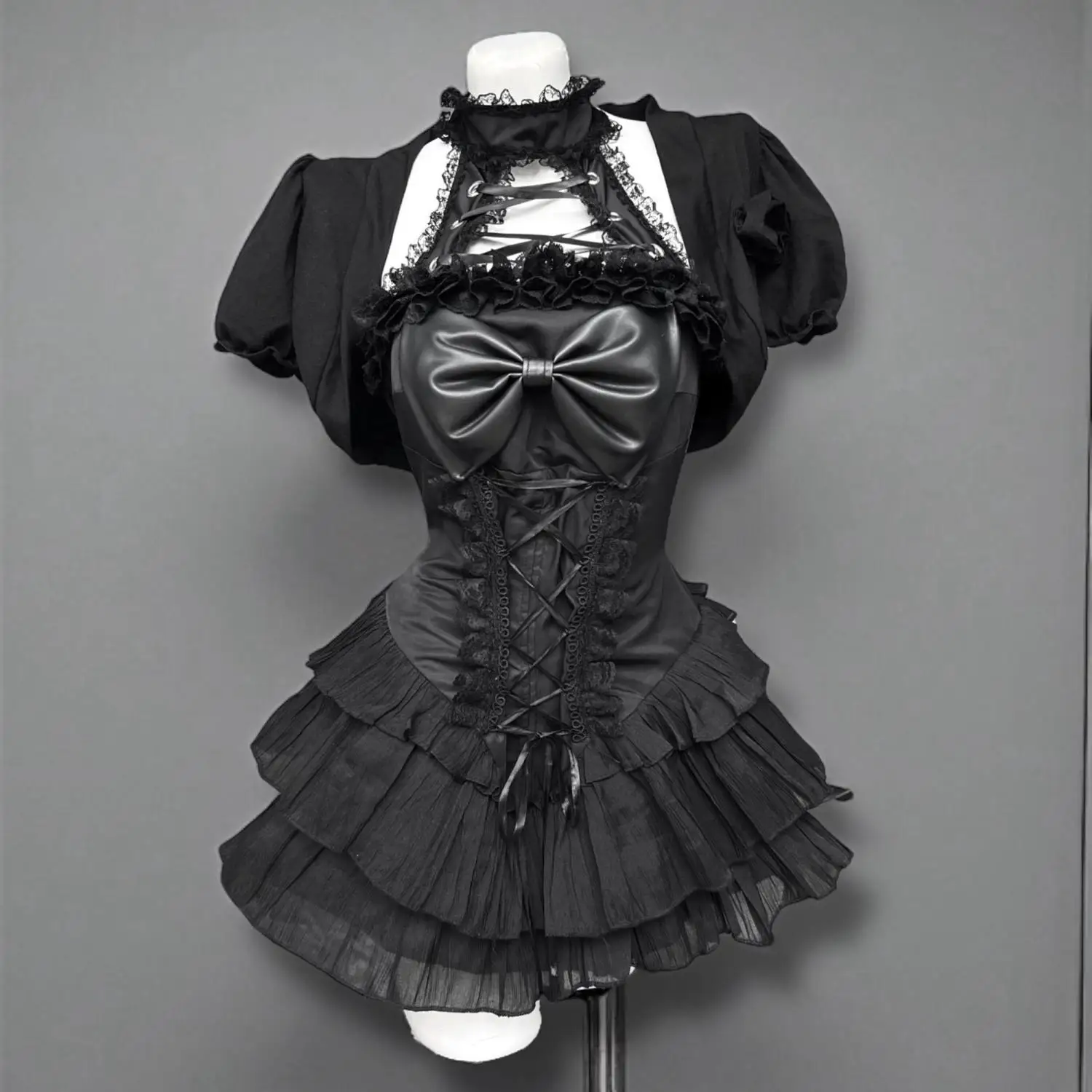 

Gothic Y2k Hot Girl New 2-piece Set Women's Design Bow Lace Slash Neck Darkly Dress Suit Female + Vintage Puff Sleeve Cardigan