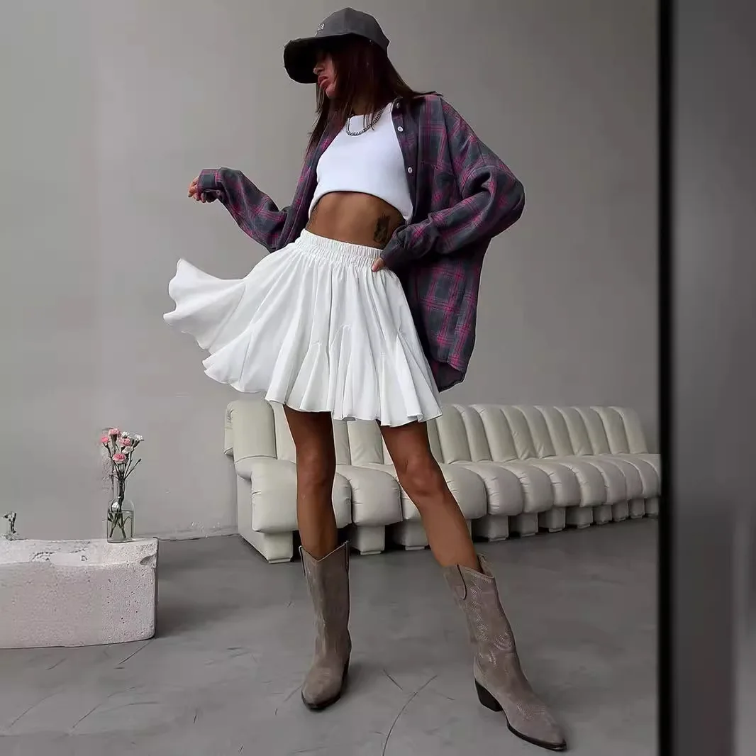 

Summer 2025 Y2K Street Sle Patchwork Skirt with Wood ain Ruffle Trendy Polyester Women's f-length Skirts