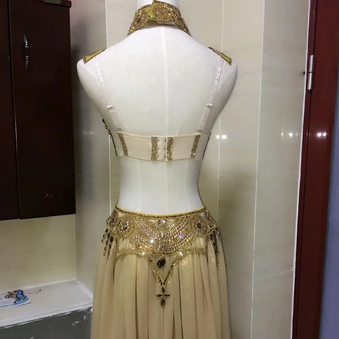 Zestaw bikini z łańcuszkiem zdobionym dżetami, błyszczący kostium sceniczny, damski strój do klubu nocnego, taneczny, prześwitujący, z trenem z siateczki.