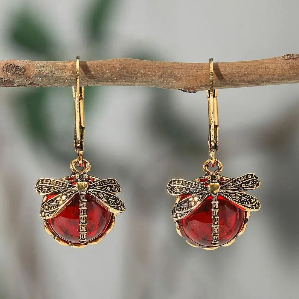Metal Dragonfly Pendant Earrings Carving Pattern Vintage Vintage Dragonfly Earrings Drop Earrings Inlaid Moonstone Drop Earrings
