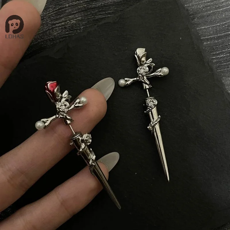 1/2pcs Retro Fashion Dark Gothic Punk Rose Cross Thorn Earring Unisex Piercing Ear Needle Earstuds Jewelry Accessorie
