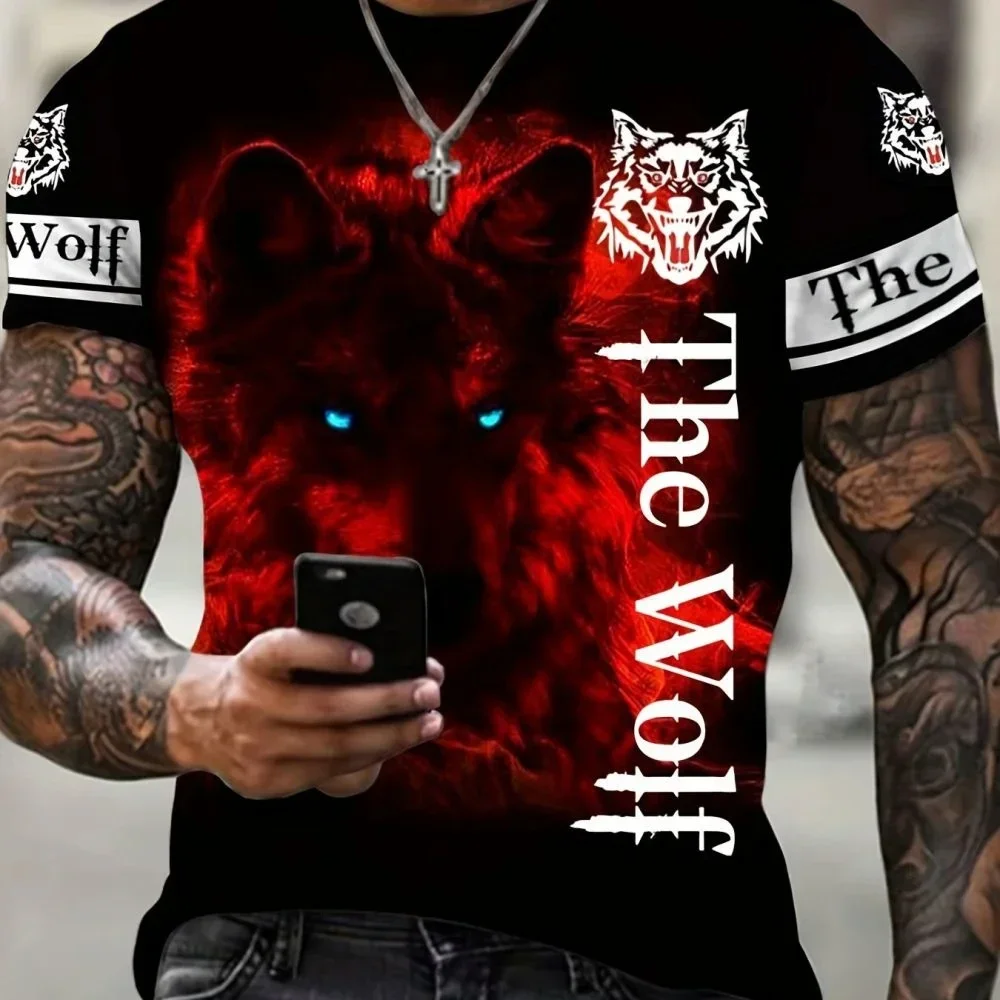 2024 New Animal Fun Wolf 3D Printed Men\'s T-shirt Personalized Extra Large Boys Retro Fashion Round Neck Short Sleeve