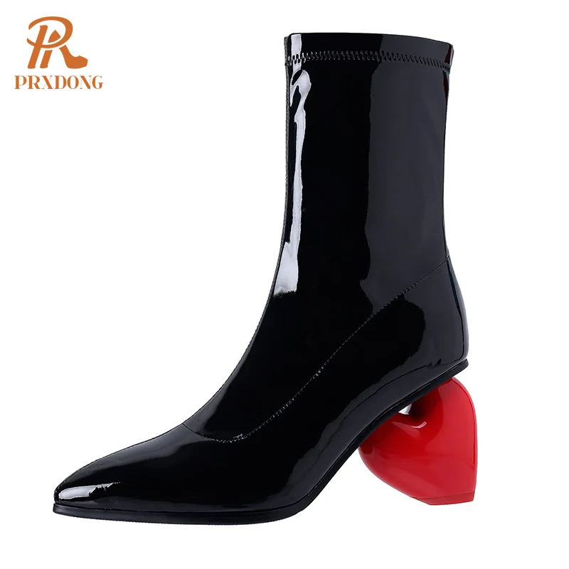 PRXDONG Women\'s Shoes New Classics Partent Leather Autumn Winter High Heels Pointed Toe Black Red Dress Party Ankle Boots 34-43