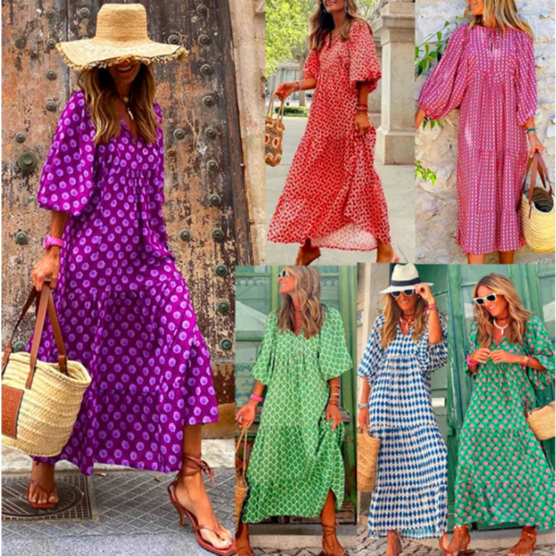 Vrouwen Casual Poff Mouw Boho Maxi Jurk Zomer Print V-Hals Losse Strandjurken Geometrische Collage Mouw Feest Vestik