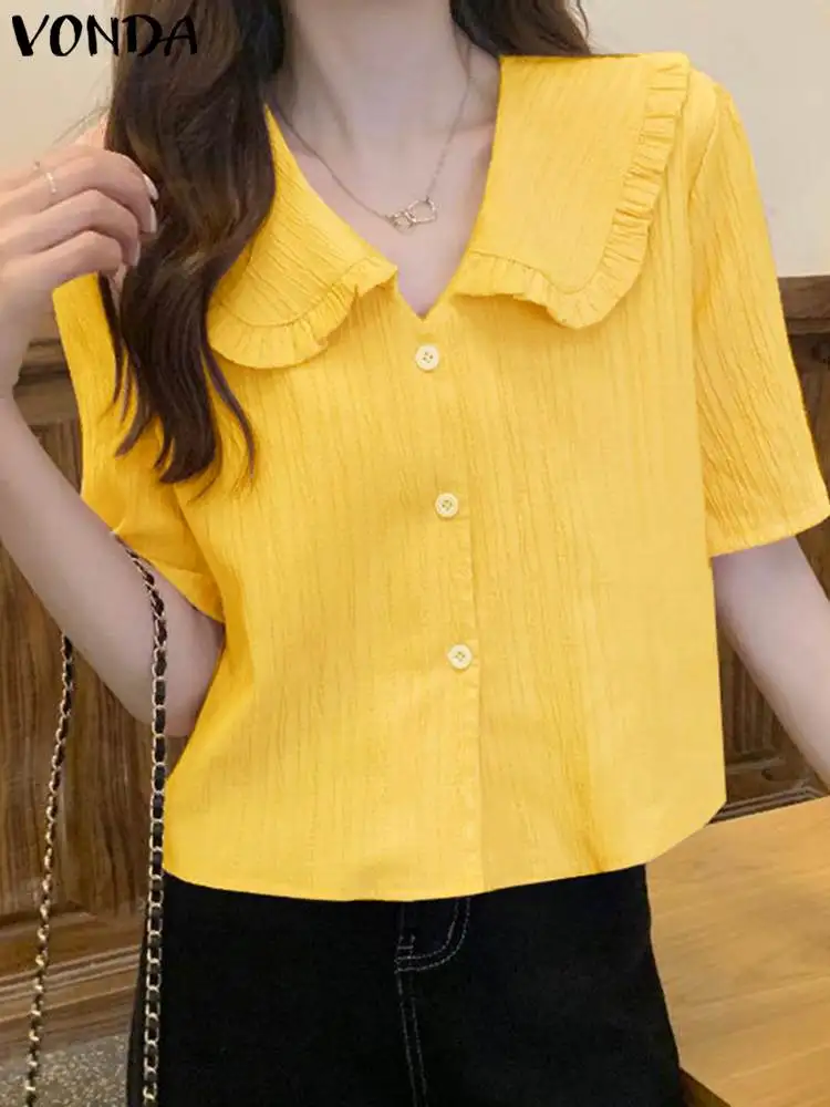 VONDA Women Ruffled Shirts 2024 Fashion Casual Blouses Elegant Short Sleeve Lapel Summer Tunic Tops Solid Color Blusas Femininas