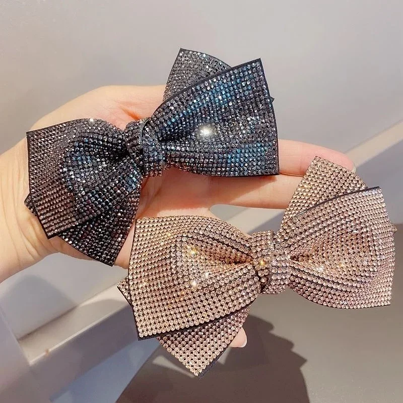 

Fashionable Shiny Rhinestone Double Layered Bow Hair Clip with Spring Clip for Women's Elegant Sexy Headwear Hairs Accessories