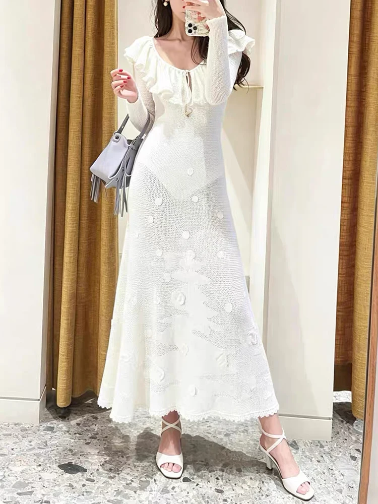 

2026 Spring/Summer New Style White Knitted Flower Decorated Frill-edged Long-Sleeved Blouse with Openwork Knitted Dress