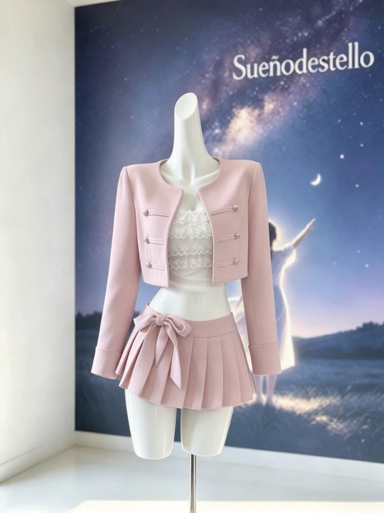 New Sweet Coquette 3 Piece Set Women Autumn Pink Tweed Cropped Jacket Lace Trim Cami Top Bow Pleated Mini Skirt Slim Fit Elegant