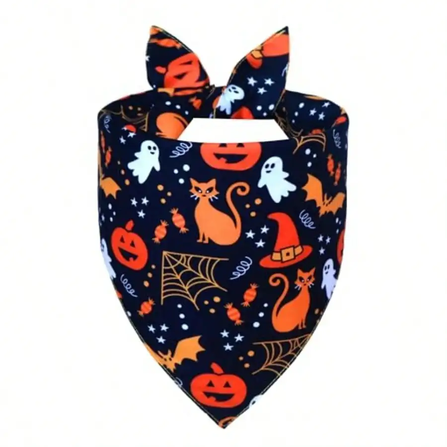 Halloween Dog Bandana For Dogs, Reversible Black Scarf Pumpkin Ghost Prints, Orange Reverse, Tie-On Triangle Bib