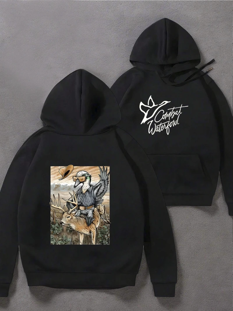 

2025 Autumn and Winter Hooded Sweatshirt Featuring Denim Duck Riding A Deer Print High-end Luxury Is for Both Men and Women Top