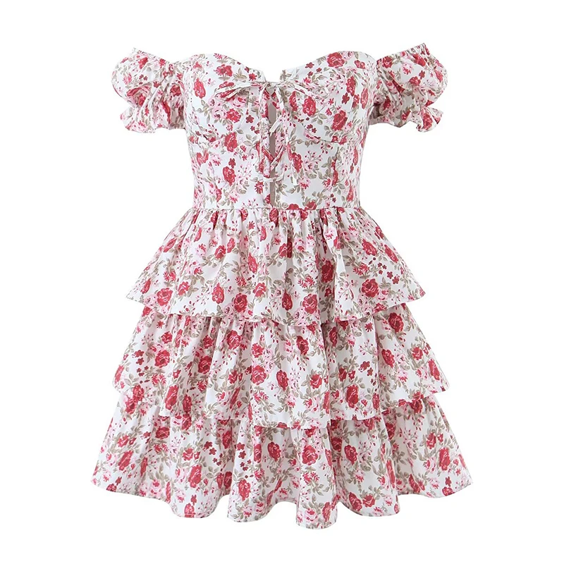 

Sexy Off Shoulder Floral Print Cake Mini Dress Women Short Sleeve Layered Ruffle Party Mini Dress Summer Robe Pretty