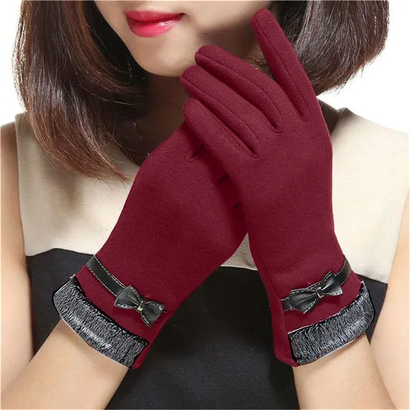 New Fashion Grace Lady Gloves Women Winter Vintage Bow-Knot Touch Screen Driving Warm Windproof Glove Mittens Wholesale