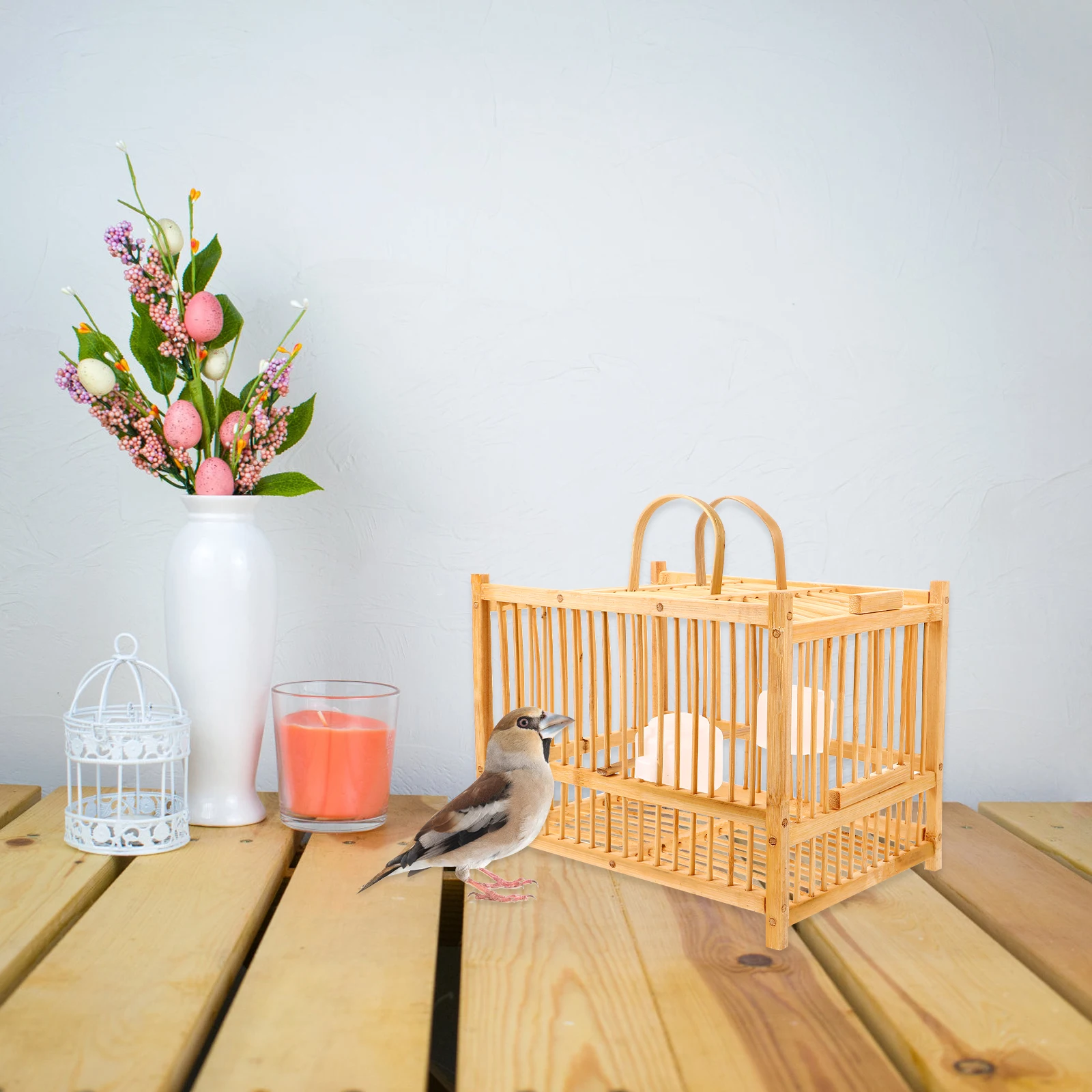 

Double Layer Bird 1.1cm Bar Spacing Handheld Travel Outdoor Small Bird Holder Pigeon Feeding Bamboo Parrot Cage Set Durable