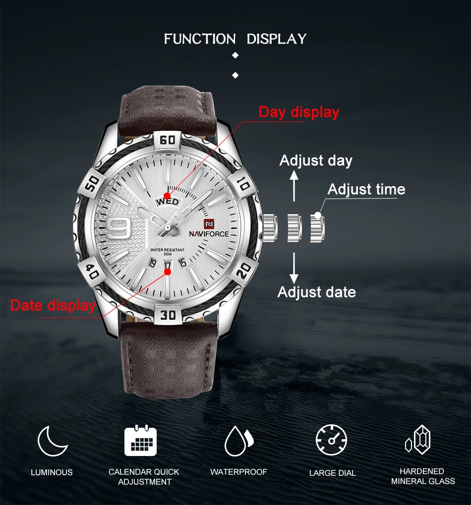 NAVIFORCE Military Sports Luminous Luxury Brand Watches for Men Day and Date Display Leather Waterproof Men Quartz Wrist Watches