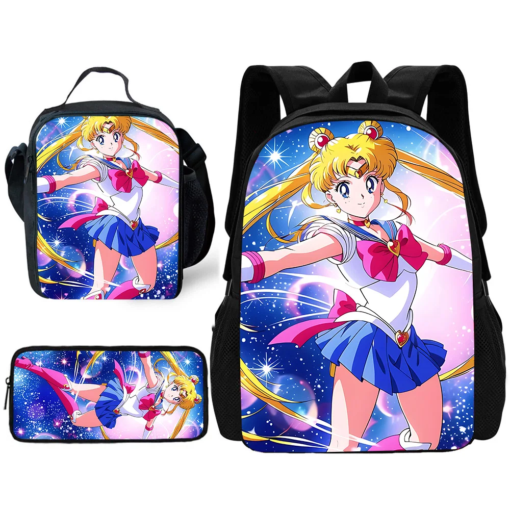 3 pcs set Magic Anime Sailors Moons Child School Backpack with Lunch Bags ,Pencil Bags ,School Bags for Boys Girls Best Gift