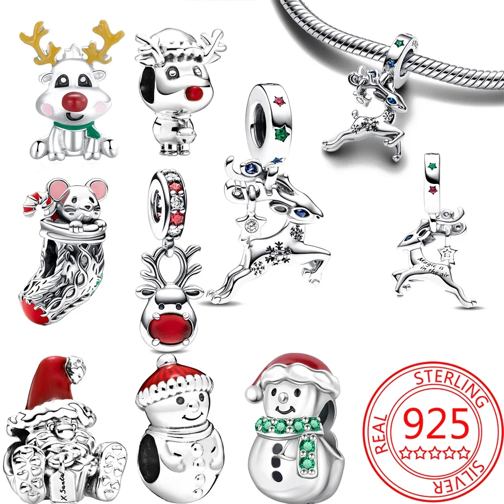 

925 Sterling Silver Winter Christmas Elk Snowman Charm Beads Fit Pandora Bracelet Original Charm Fashion Women Jewelry DIY Made