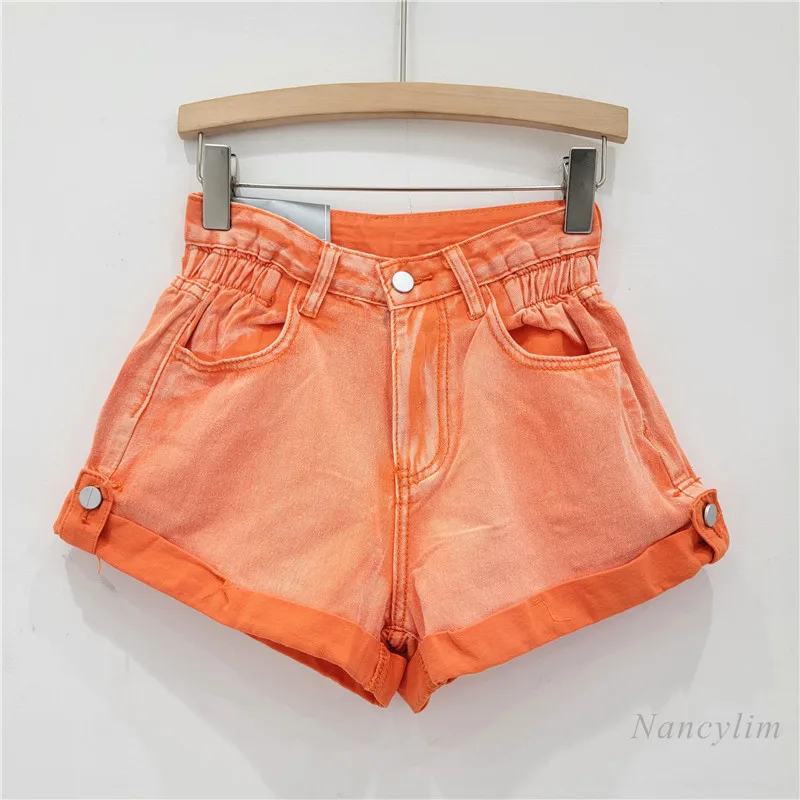 European Style Curling Denim Shorts Women's 2024 Summer Elastic High Waist Bud-Shaped Hot Pants A- Line Wide Leg Purple Shorts
