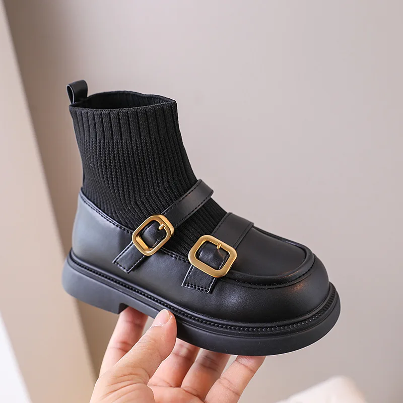 Botas de cuero con costuras tejidas voladoras para niñas, botas de princesa, botas de suela suave de cuero para niños, botas de calcetines Chelsea para niños, moda