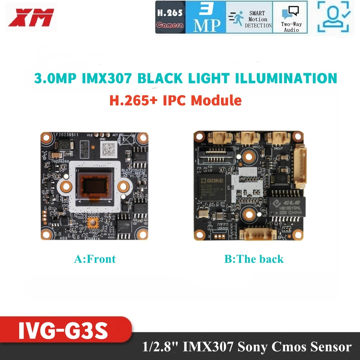 

2.0MP Black light illumination H.265 AI IP Camera Module IPC 1/2.8" CMOS IMX307 image sensor+GK7205V210 CCTV IP camera with 3MP