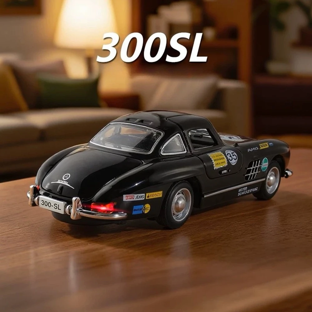

1:32 300SL Alloy Sports Car Diecast Models Toys Metal Body Sound Light Pull Back Doors Opened Miniature Cars for Kids Boy Gifts