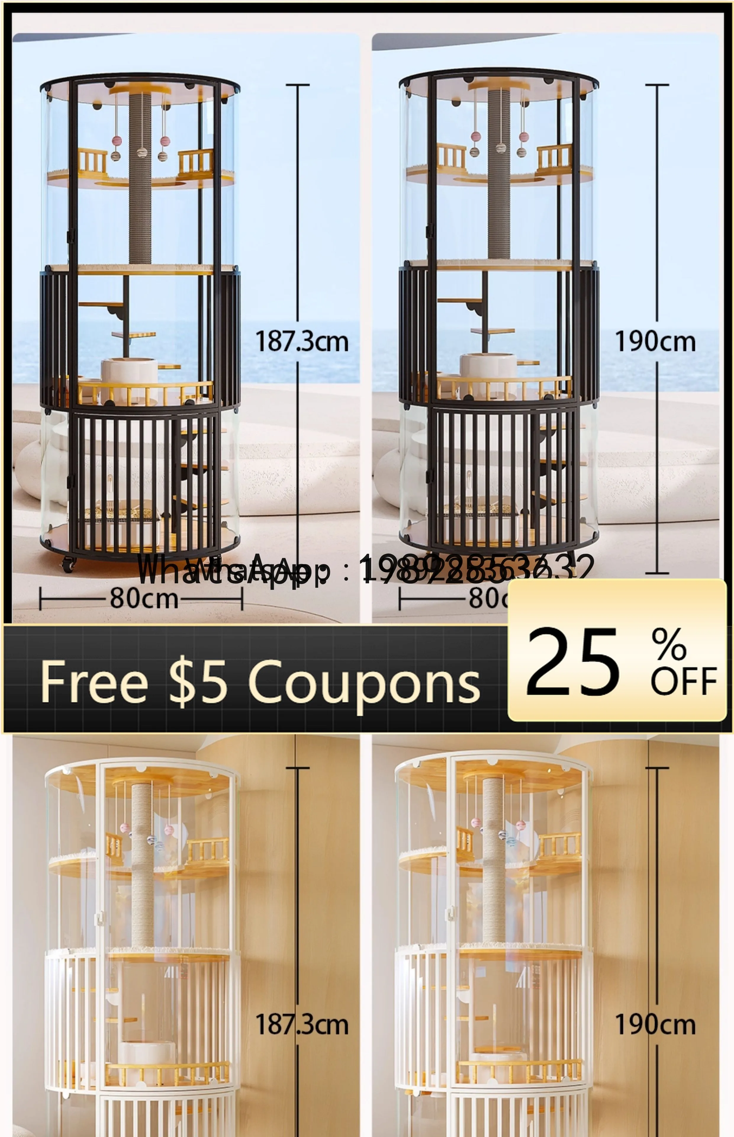 

F2 360 Panoramic Cat Villa Glass Rotating Luxury Solid Wood Cat House with Toilet Cat Cage for Home Use Extra Large