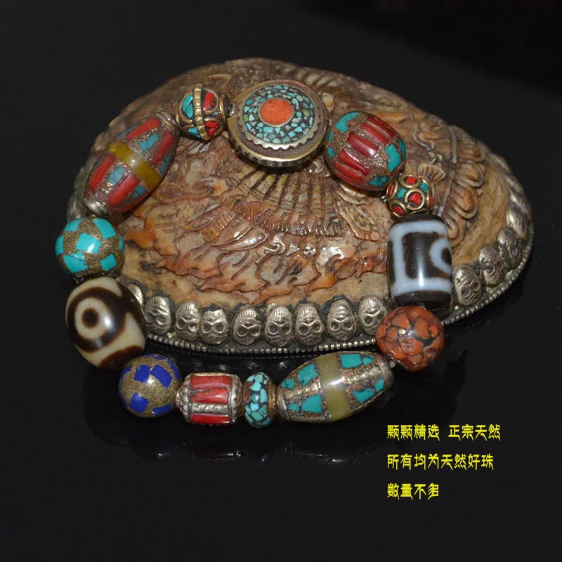 Tibetan Jewelry With Multiple Stones, Natural Three- And Two-Eye Dzi Beads, Ethnic Style Fashion Bracelet