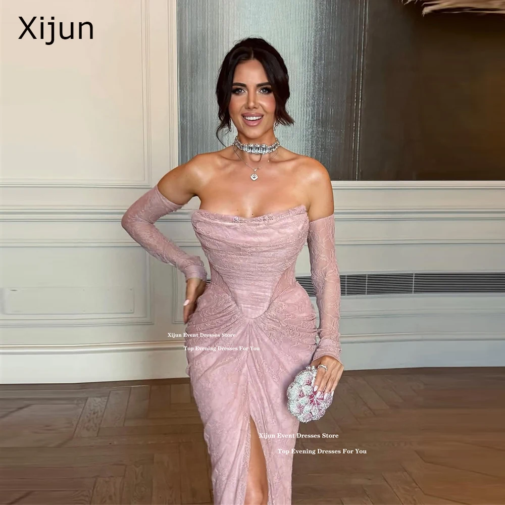 

Xijun Sexy Pink Lace Evening Dresses Mermaid Split Strapless Long Prom Dresses Floor Length Dubai Formal Prom Gowns Customized
