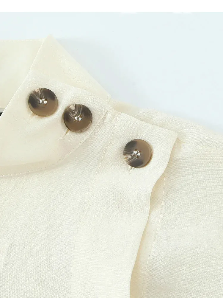 HH Women's Fashion Breasted Decoration Short Sleeve Summer Top Female Loose High Street Half-high Collar Solid Top Mujer