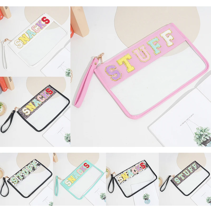 Chenille Letter Clear Zipper Pouch for Travel Waterproof Cosmetic Pouch Clear Snack Bags Nylon Travel Gym Beach Bag Multipurpose