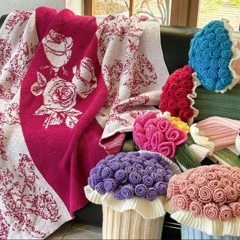 

Rose Bouquet Knitted Throw Blanket,Artificial Flower Sofa Cover,Cozy Yarn Cushion for Bedroom,Birthday Gift for Girl&Best Friend