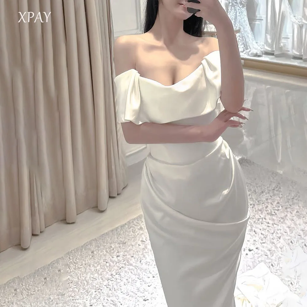 XPAY Off the Shoulder Elegant Pleat Wedding Dresses Train Simple Bridal Gown Mermaid Korea Photo Shoot Dresses Customized Made