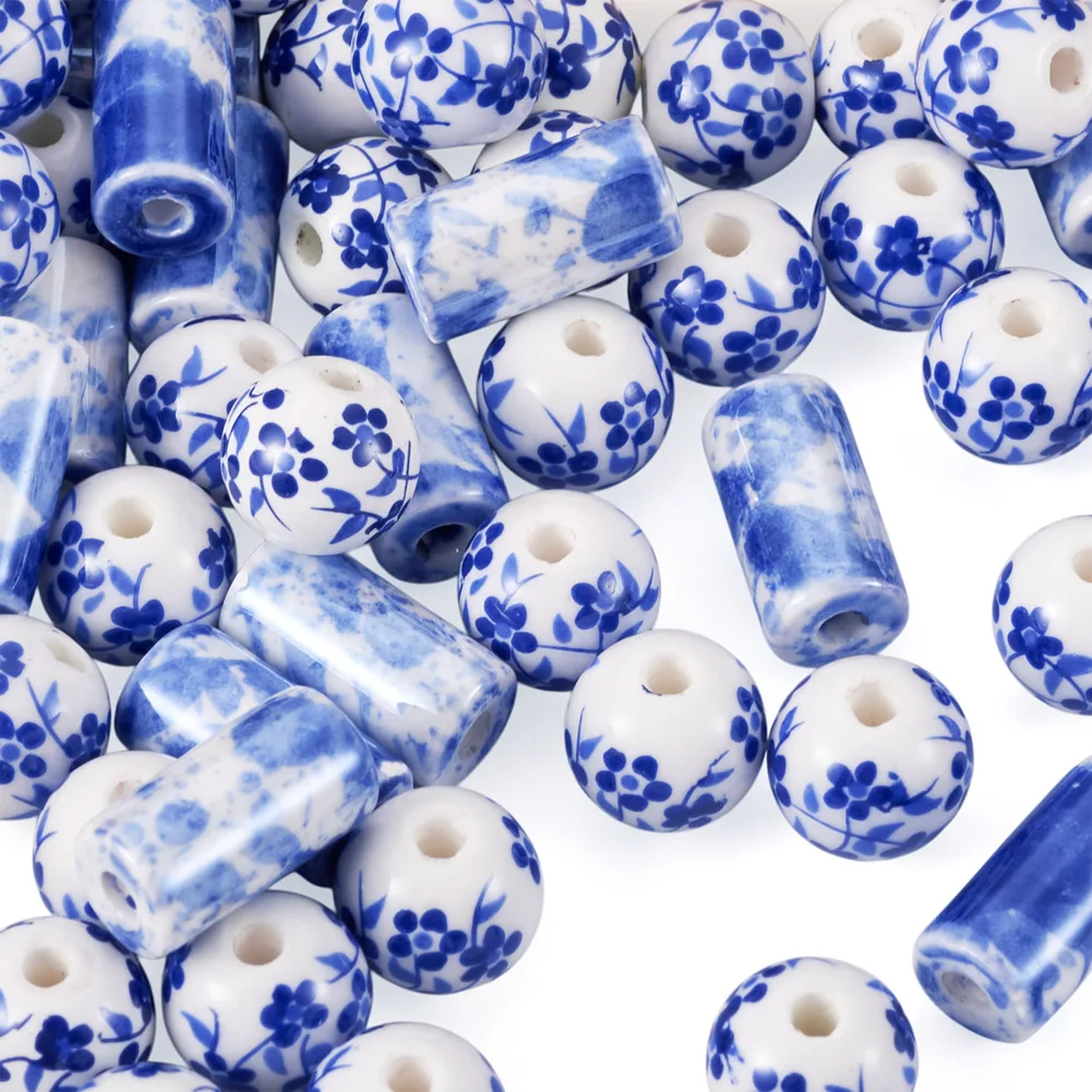 55pcs Blue Column Round Ceramic Beads Glossy Porcelain Loose Beads  DIY Jewelry Making Bracelet Necklace Accessories