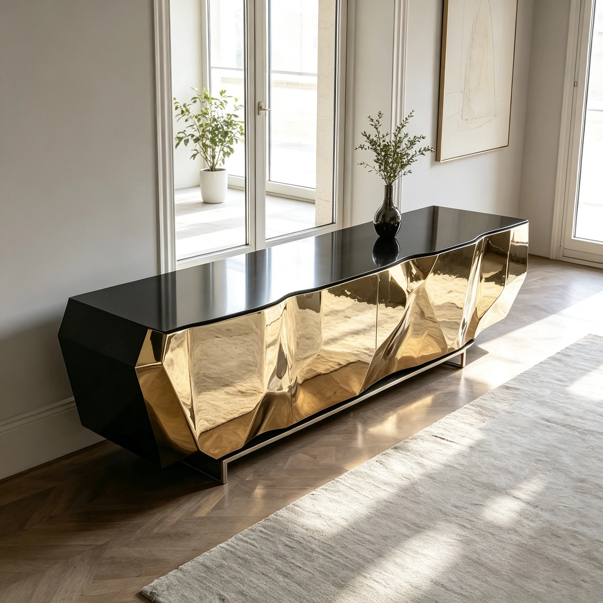 Y*-Crinkled Mirror Gold Sideboard Fiberglass Frame Matte Black Side Panel Thin Metal Legs