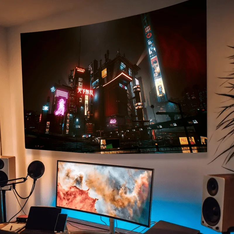Futuristic Cityscape Tapestry with Neon Skyscrapers for a Modern and Vibrant Home Decor
