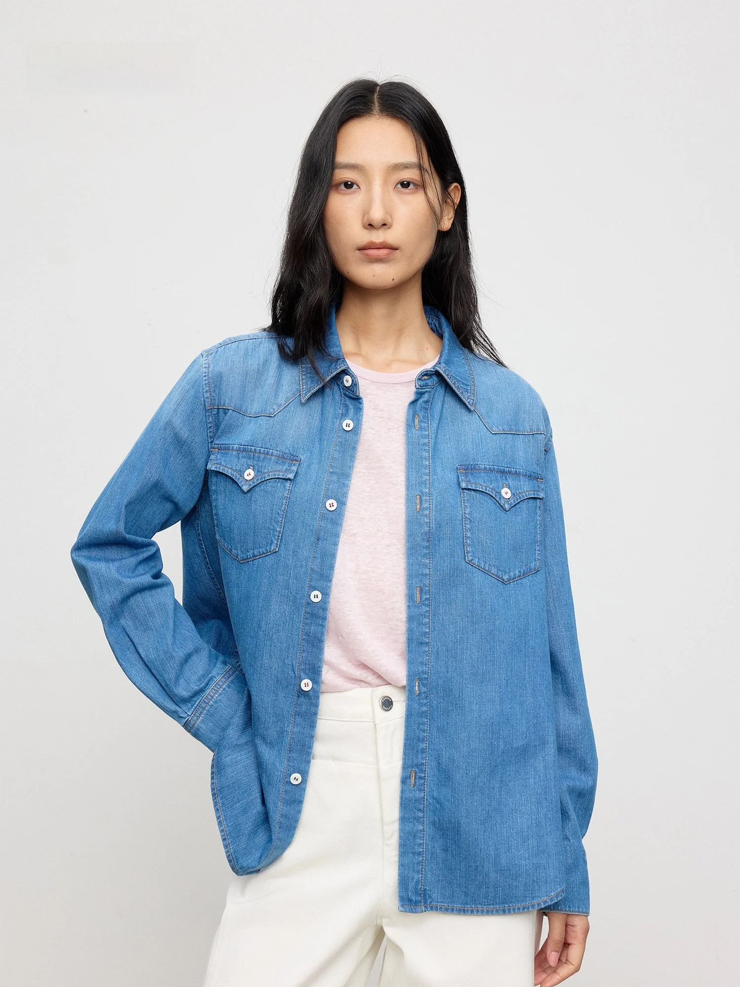 

Джинсовая рубашка MARIUS Iceberg из премиального хлопка с эффектом потертости, в стиле ретро, для работы, приталенного кроя, женская, для повседневной носки, с длинным рукавом