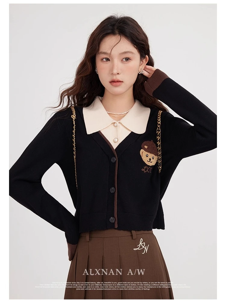 

ALXNAN Women's Sweater Fake Two-piece Lapel Block Color Bear Embroidered Pullovers Autumn Winter Long Sleeve Knitwear VPLXN31701