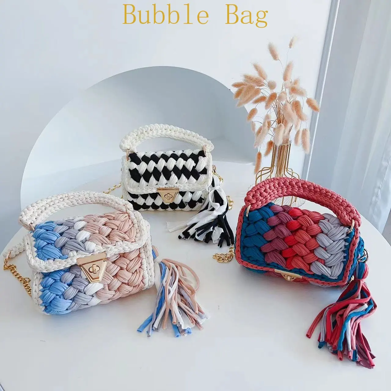 Fashion Colorful Crochet Women Handbags Tassel Thick Rope Woven Shoulder Crossbody Bags Knitted Small Flap Female Purses 2024