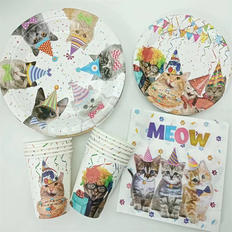 10pcs Cute Puppy Dog Cats Theme Tableware Set Paper Plates Cups Napkins Kids Happy Birthday Party Baby Shower Pet Party Supplies