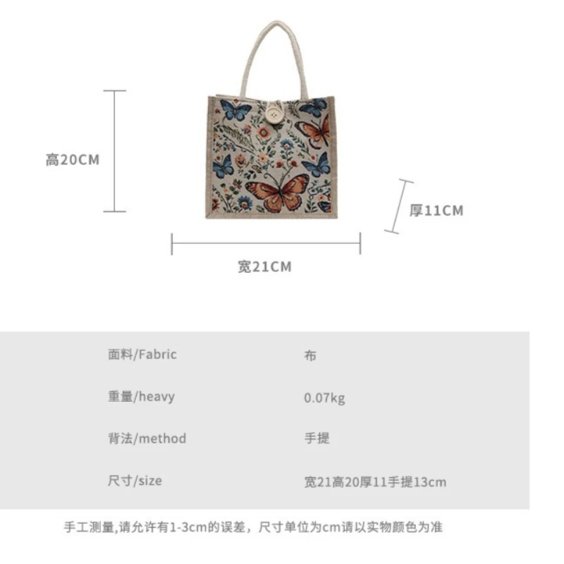 Fashion Linen Canvas Tote Bag Butterfly Printed Handbag, Casual Reusable Women Shopping Bag, Portable Student Lunch Food Storage