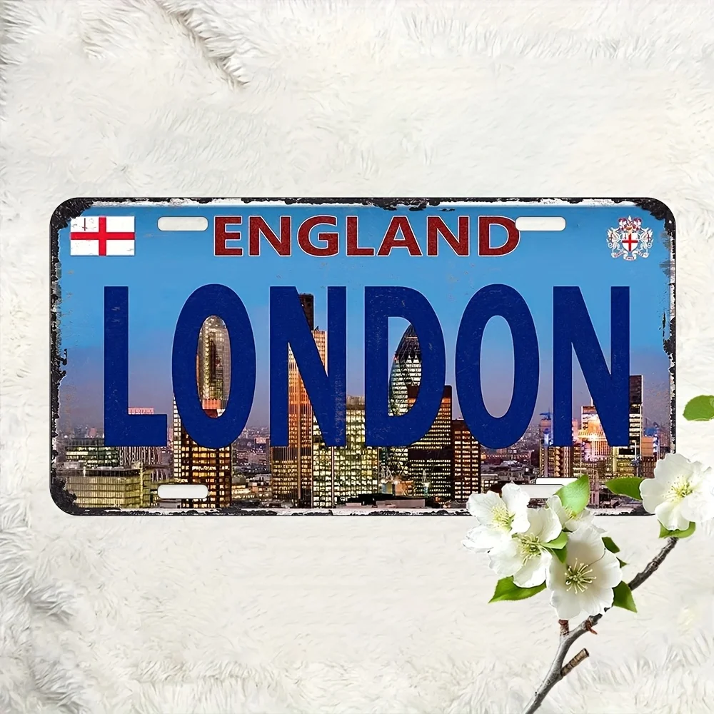 2D Graphic Vintage London Skyline Metal License Plate Wall Art  Dustproof Vintage Metal Sign, Classic Cityscape Design