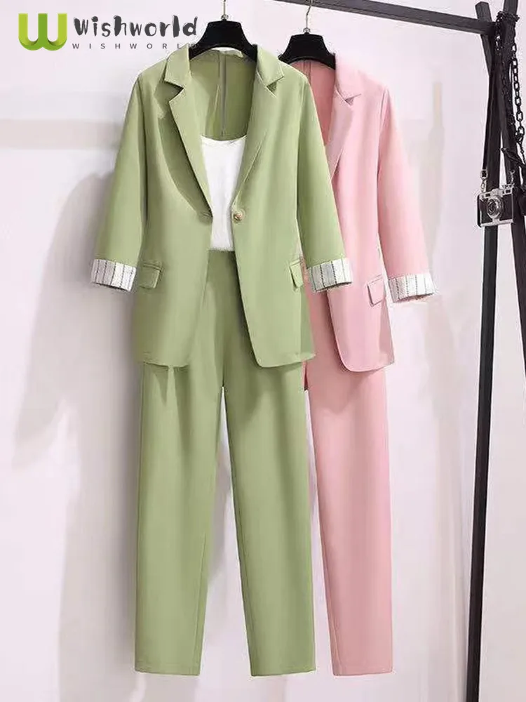 2023 spring new Korean elegant women\'s suit female blazer leisure pants Tweed suit jacket three piece jacket pants set