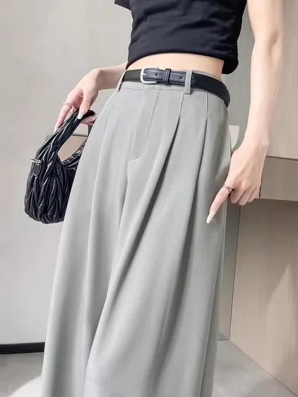 

Ice Silk High Waist Straight Leg Pants Women's Summer Thin Loose Casual Drapey Floor-Length Trousers Fashionable Pocket Detail