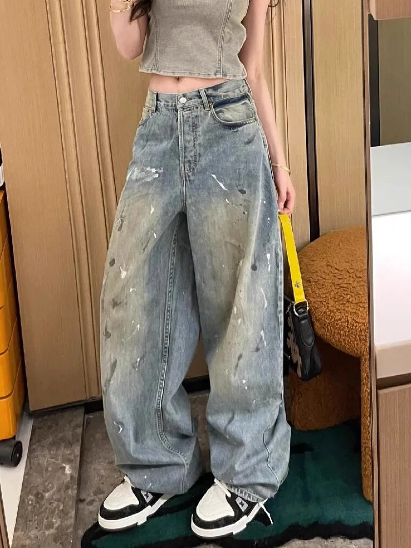 

Retro American Splatter Wide Leg Denim Jeans Women's Spring Summer Spicy Girl Versatile Loose Slimming Straight Tube Pants