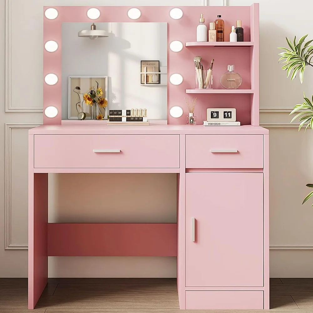 Vanity with Lights, Makeup Vanity with Mirror, 3 Lighting Modes, for Bedroom, Pink, Makeup Vanity Includes 2 Drawersjavascript: