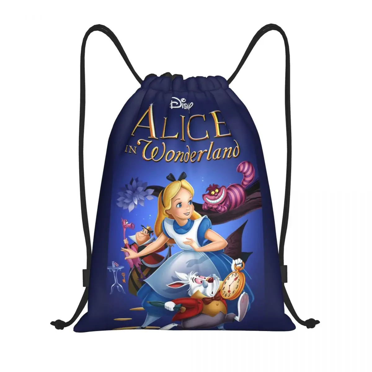 Bolso personalizado con cordón de dibujos animados de Alicia en el país de las maravillas para hombres y mujeres, mochilas de Yoga para compras, Cheshire Cat, deportes, gimnasio, Sackpack