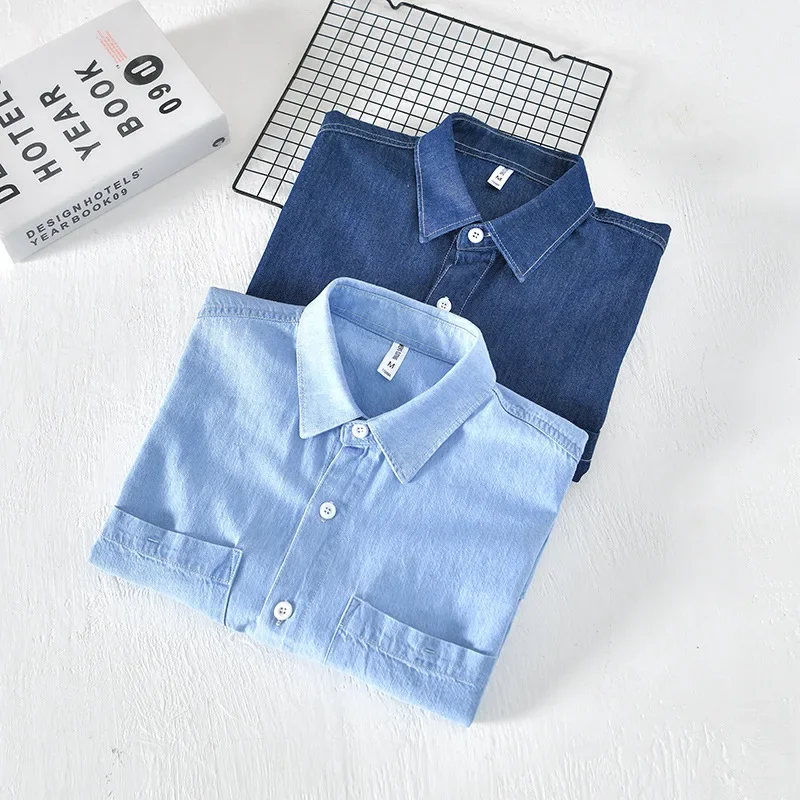 

Summer Short Sleeve Denim Shirt Men Korean Fashion Cowboy Top Casual 100%Cotton Blue Jean Shirts Double Pocket Youth Loose Shirt