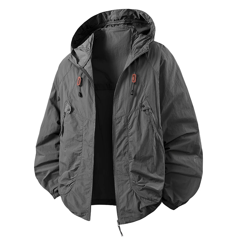 Men UPF50+ Sun Protection Hooded Jacket Lightweight Quick Dry Windbreaker Zip Up Drawstring Outdoor Fish Hiking Casual Thin Coat