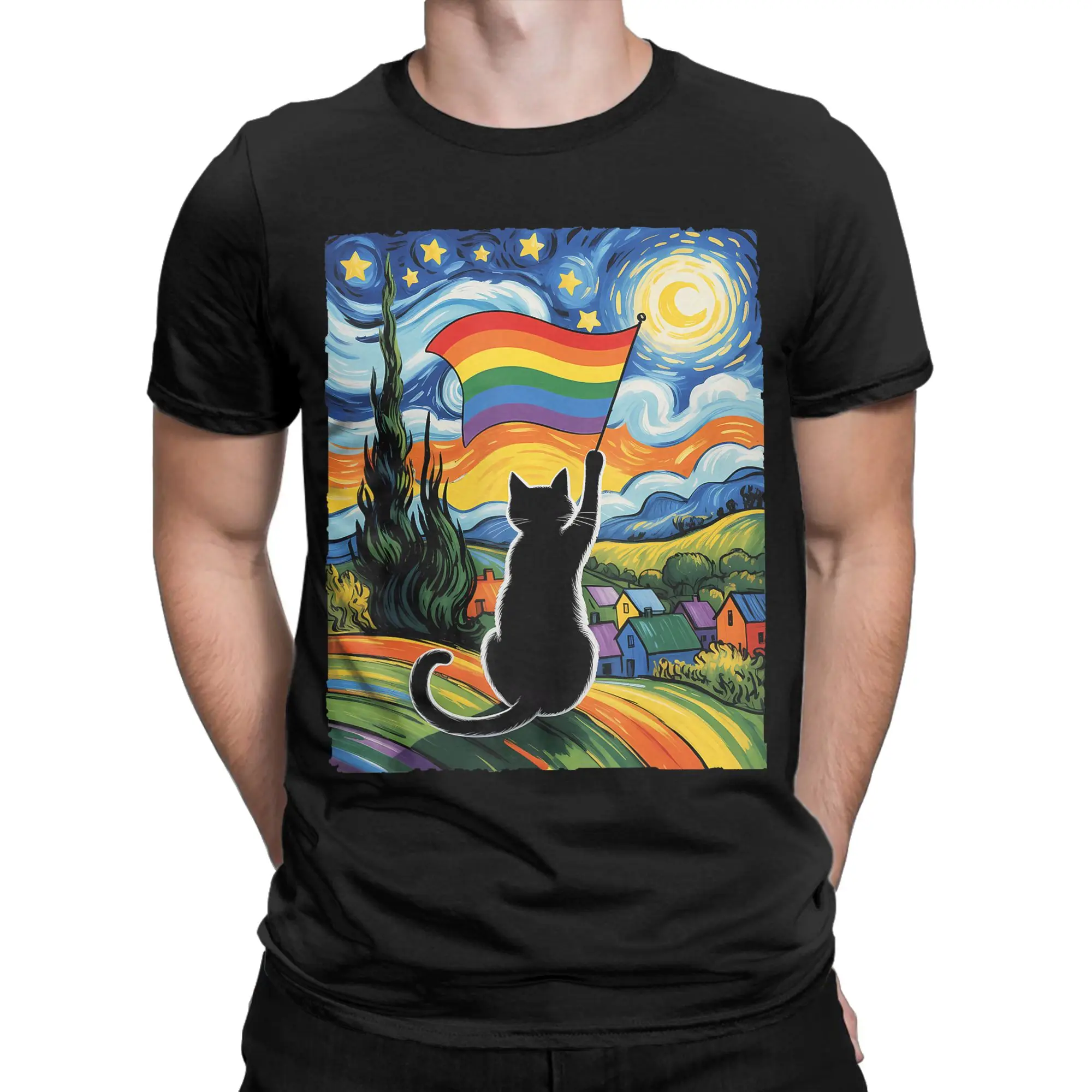 Gay Pride Cat Art Cat Starry Night Style LGBTQ Pride Support T Shirts for Men T-Shirt Crew Neck  Tee Shirt Short Sleeve Tops