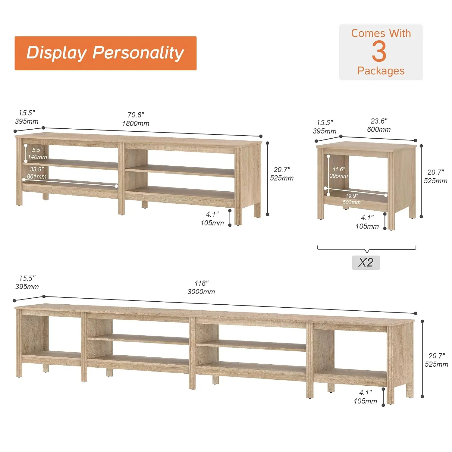 Farmhouse TV Stand for TVs to 100 Inch with 16 Color LED Lights, Oak Entertainment Center Console with 6 Cubby Storage for Livin